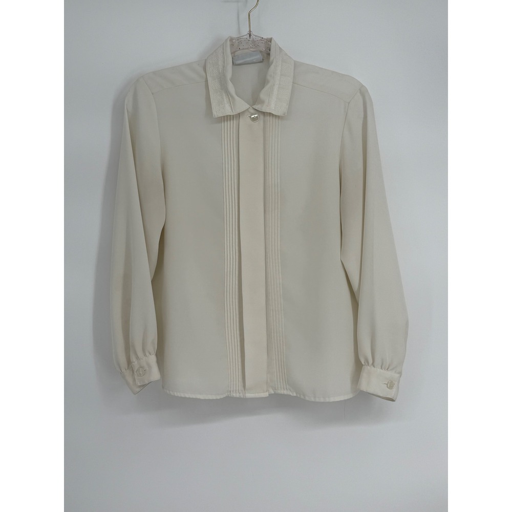 The Villager Cream Pleated Tuxedo Blouse Embroidered Collar Sz PS